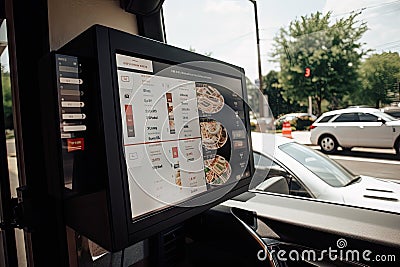 drive-thru window with mobile ordering option, displaying menu and payment options Stock Photo