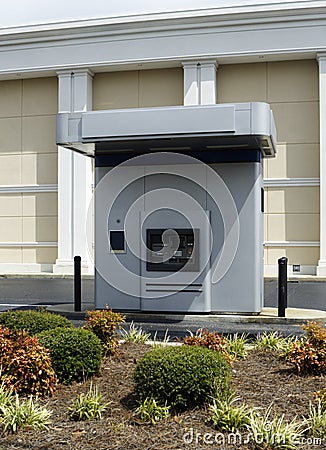 Exterior Drive-up ATM Machine Beside A Bank Stock Photo