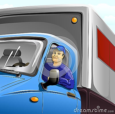 Driver in booth of truck Vector Illustration