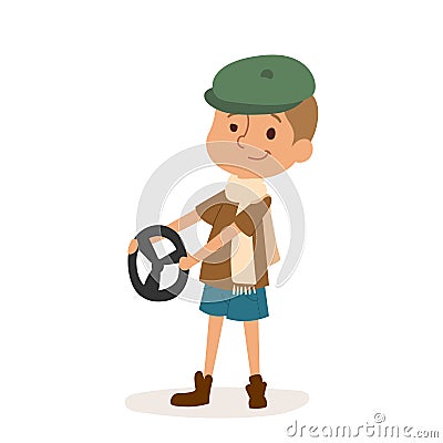 Driver boy car rudder cute cartoon vector profession character person childhood uniform worker isolated illustration Vector Illustration