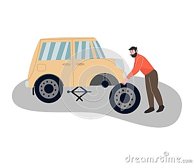 Driver character fixing broken car wheel. Man replaces a wheel on the car. Vector Illustration