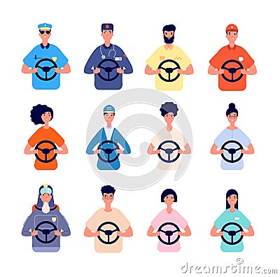 Driver characters. People driving avatars, logistic truck police workers. Person in car taxi or bus, female post courier Vector Illustration