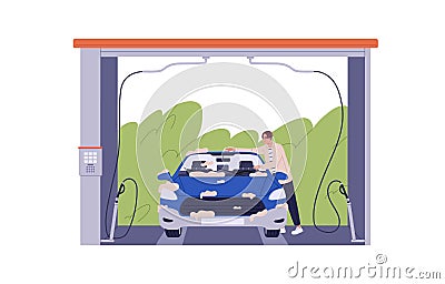 Driver cleaning auto at self-service car wash. Man cleansing dirty automobile with sponge, shampoo foam, water at washer Vector Illustration