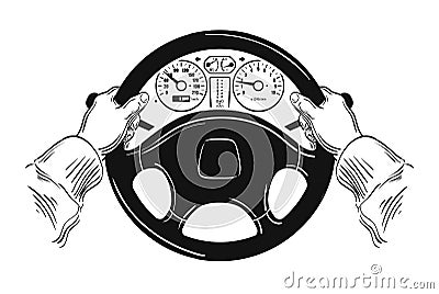 Driver design element with hands holding steering Vector Illustration