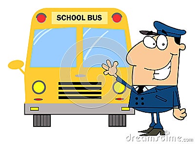 Driver in front of school bus Vector Illustration