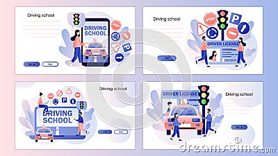 Driver license. Tiny people studying in driving school. Traffic rules. Road signs. Screen template for mobile smart Vector Illustration