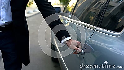 Driver opening car door to young respectable oligarch, professional chauffeur Stock Photo