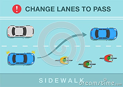 Driver overtaking cyclists on city road. Top view of cycling bike riders. Change lanes to pass for safety ride. Vector Illustration