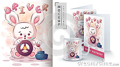 Driver rabbit - poster and merchandising. Vector Illustration