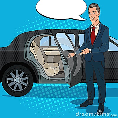 Driver Standing ner Black Limousine. Chauffeur of Luxury Car. Pop Art illustration Vector Illustration