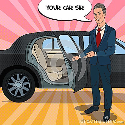 Driver Standing ner Black Limousine. Chauffeur of Premium Car. Pop Art illustration Vector Illustration