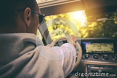 Driver in Sunglasses Enjoying Convertible Vehicle Drive Stock Photo