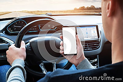 Driver use smart phone while driving. Isoalted screen for app promotion Stock Photo