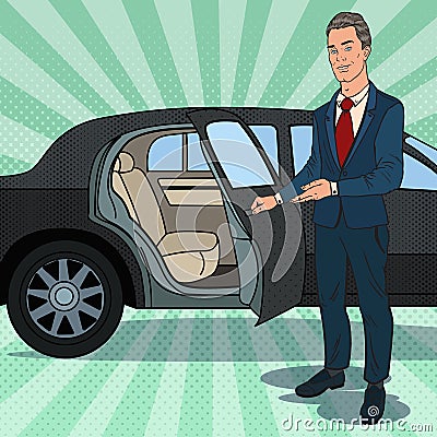 Driver Waiting ner Black Limousine. Chauffeur of Luxury Car. Pop Art illustration Vector Illustration