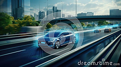 Driverless car. Autonomous cars on the road using technologies Stock Photo