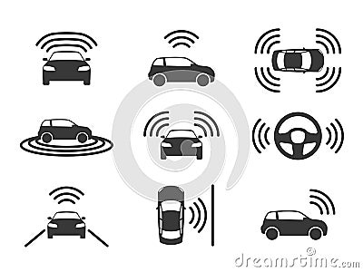 Driverless car icons. Autonomous driving cars, gps navigation on road. Smart self-driving vehicles, electric robotic Vector Illustration