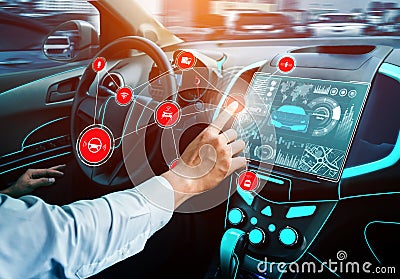 Driverless car interior with futuristic dashboard for autonomous control system Stock Photo