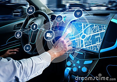 Driverless car interior with futuristic dashboard for autonomous control system Stock Photo