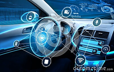 Driverless car interior with futuristic dashboard for autonomous control system Stock Photo