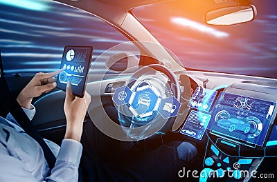 Driverless car interior with futuristic dashboard for autonomous control system Stock Photo