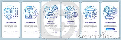 Driverless car stages onboarding mobile app page screen with linear concepts. Vehicle development walkthrough steps Vector Illustration