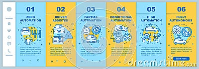 Driverless car stages onboarding mobile web pages vector template. Responsive smartphone website interface idea with Vector Illustration