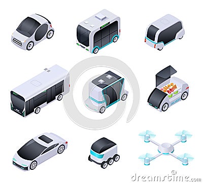 Driverless cars. Future smart vehicles. Unmanned city transport, autonomous truck and drone. Isometric vector isolated Vector Illustration