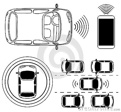 Driverless robotic car, self-driving auto, view from above Vector Illustration