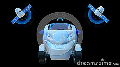 Driverless vehicle, autonomous electric car driving with two satellites on black background, futuristic car, front view Stock Photo