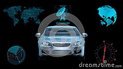 Driverless vehicle, autonomous sedan car on black background with infographic data, front view, 3D render Stock Photo