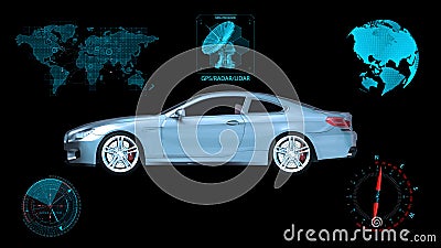 Driverless vehicle, autonomous sedan car on black background with infographic data, side view, 3D render Stock Photo