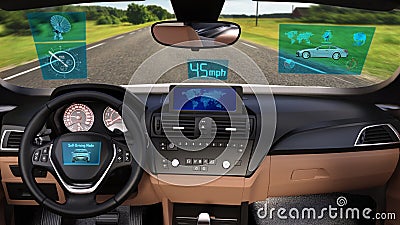 Driverless vehicle, autonomous sedan car with infographic data driving on the road, inside view, 3D render Stock Photo