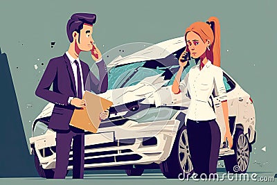 Drivers calling insurance companies after car accident automobile collision Stock Photo