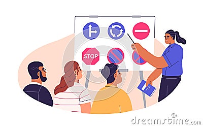 Drivers education. Lesson, course for beginners in driving school. Students studying road signs with teacher, instructor Cartoon Illustration