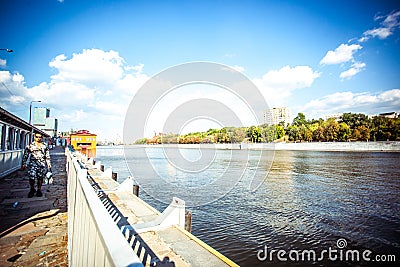 Driving across Moscow to the river. Summer Editorial Stock Photo