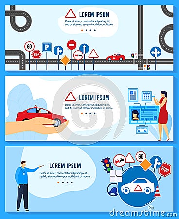 Driving auto school education vector illustrations, cartoon flat teacher instructor character teaching rules and traffic Vector Illustration