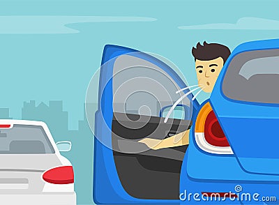 Driving a car. Bad behavior on city roads. Close-up of spitting driver. Back view. Vector Illustration