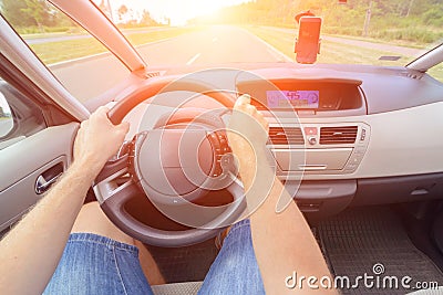 Driving a car - first person view Stock Photo