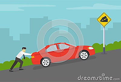 Businessman or manager pushing a broken red sedan car up the hill by city road. Steep ascent or descent road warning sign. Vector Illustration