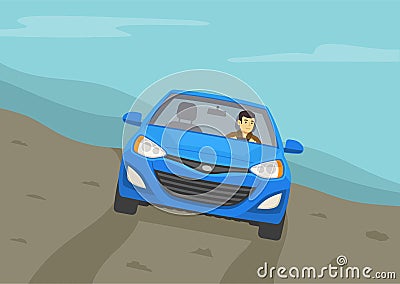 Driving a car on a grades and hills. Off road vehicle roll angle. Front view of a blue sedan car on a hill. Vector Illustration