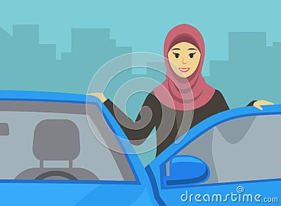 Driving a car. Happy muslim female driver leaning on the car door. Arab woman driver front close-up view. Vector Illustration