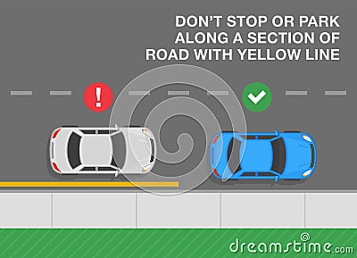 Outdoor parking rules and tips. Do not stop or park along a section of road with yellow line. Top view of correct and incorrect. Vector Illustration