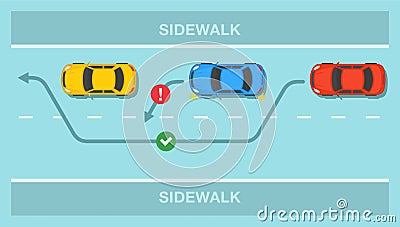 Driving a car. Overtaking or passing rules on the road. Safety drive. Vector Illustration