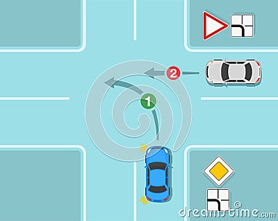 Safety driving and traffic regulating rules. Main road and give way signs priority on intersection road. Vector Illustration