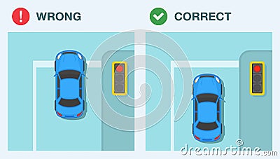 Driving a car. Stop line rule. Blue sedan car stopped at red traffic light. Top view. Vector Illustration