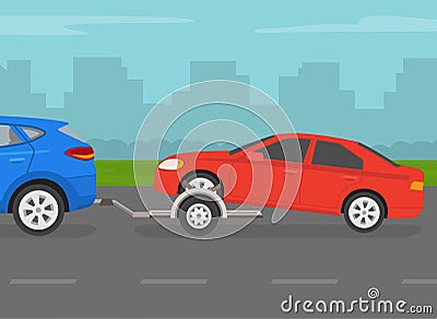 Driving a car. Towing a broken down car on dolly trailer. Side view of a red sedan car on a city road. Vector Illustration