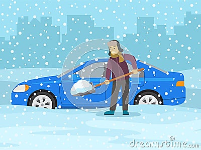 Driving a car in winter conditions. Man with shovel cleaning car stuck in snow. Side view of a car covered with snow. Vector Illustration