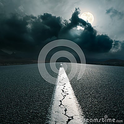 Driving on an empty asphalt road at night Stock Photo