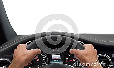 Driving hands steering wheel Stock Photo