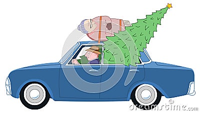 Driving home for Christmas w granny on the roof Cartoon Illustration